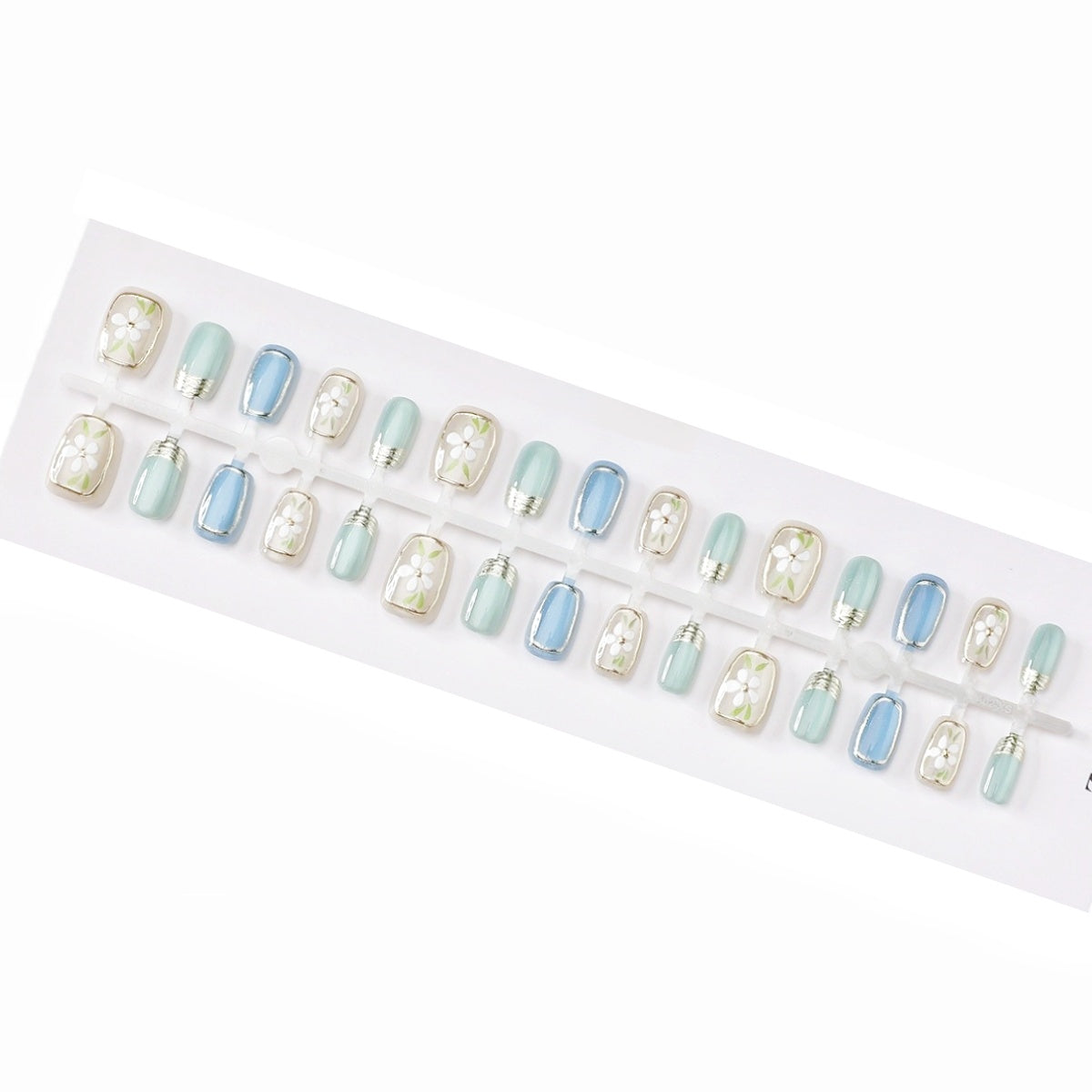 Floral Press-On Nails – Pastel Blue & Green Reusable Square Nails Short Length Fake Nails Set