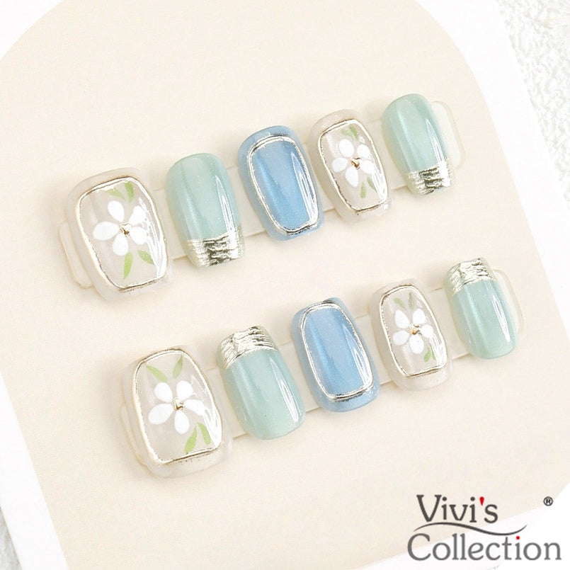 Floral Press-On Nails – Pastel Blue & Green Reusable Square Nails Short Length Fake Nails Set
