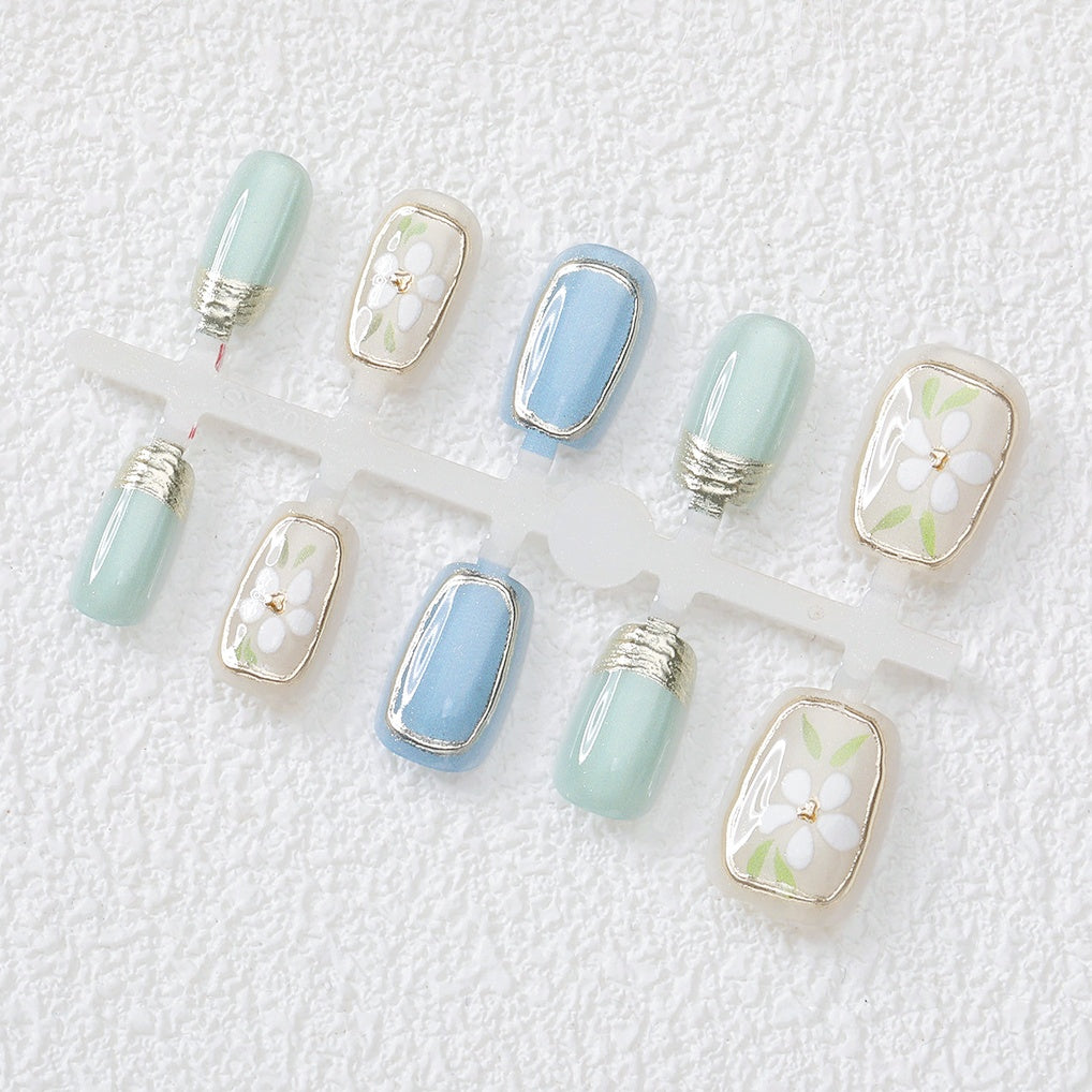Floral Press-On Nails – Pastel Blue & Green Reusable Square Nails Short Length Fake Nails Set