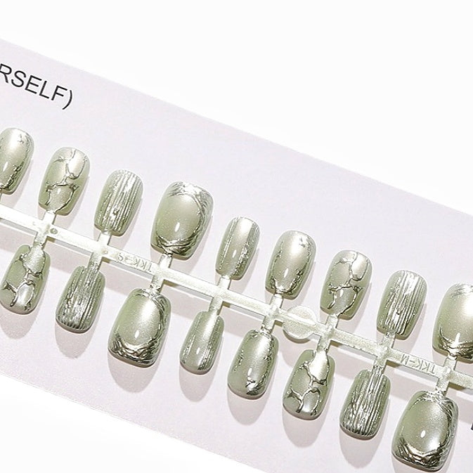 Press on Nails - Short Square - Light Green + Silver
