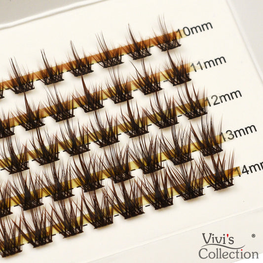 10-14mm Brown, D Curl Cluster Lashes, Spiky, Manga