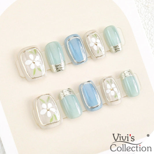 Floral Press-On Nails – Pastel Blue & Green Reusable Square Nails Short Length Fake Nails Set