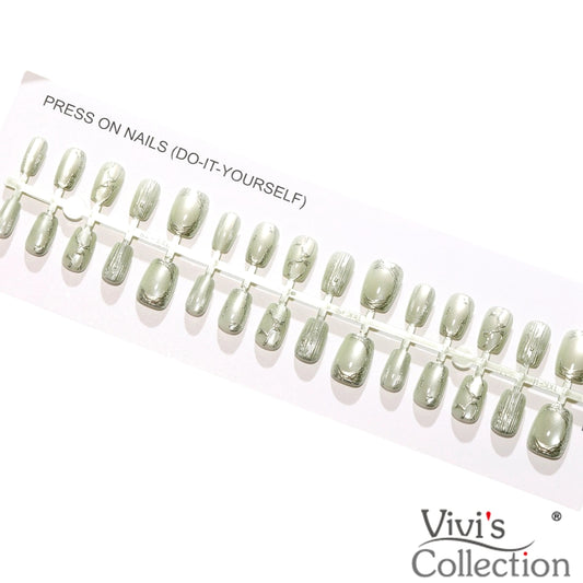 Press on Nails - Short Square - Light Green + Silver